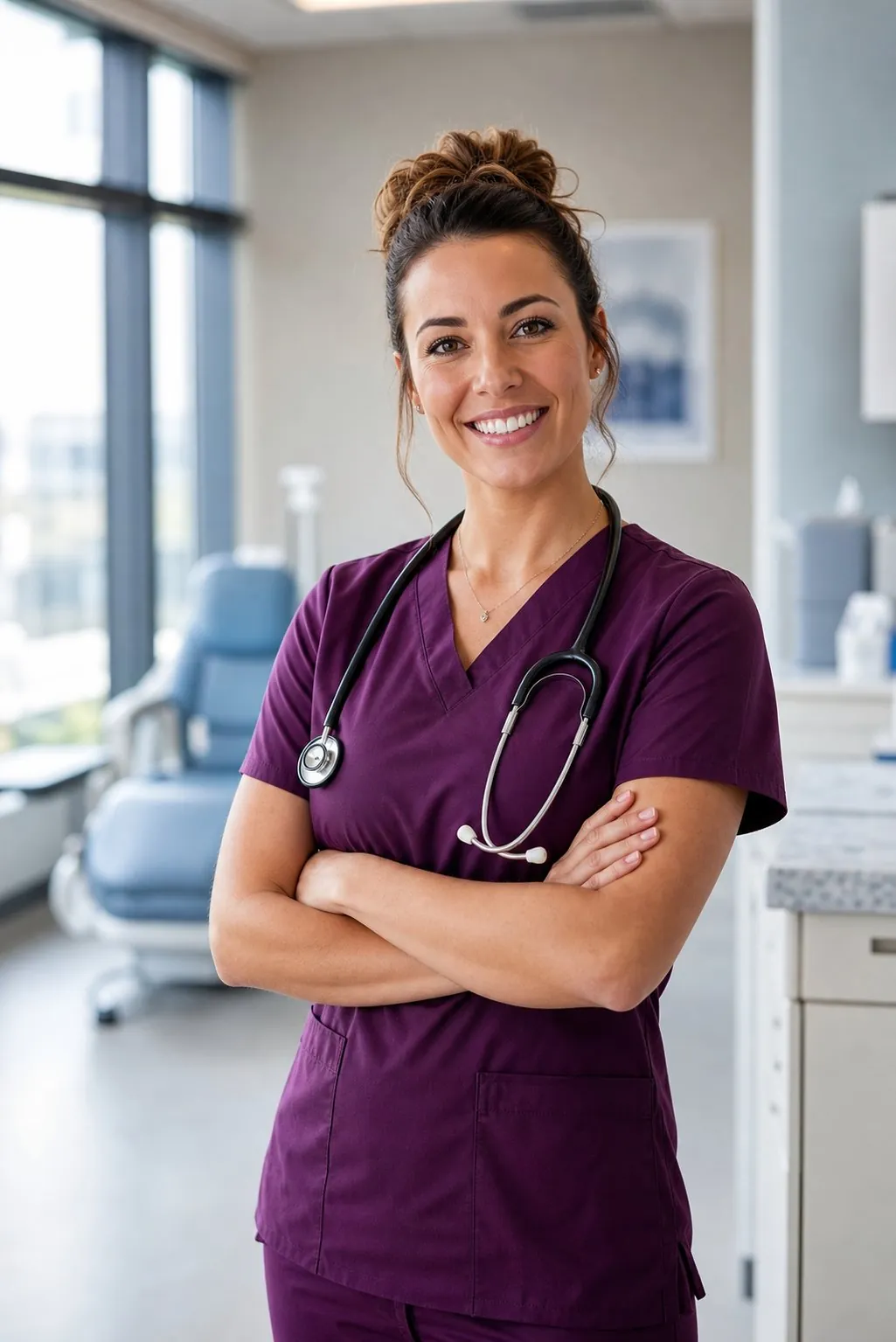 A confident registered nurse in plum-colored scrubs smiling in a modern clinic