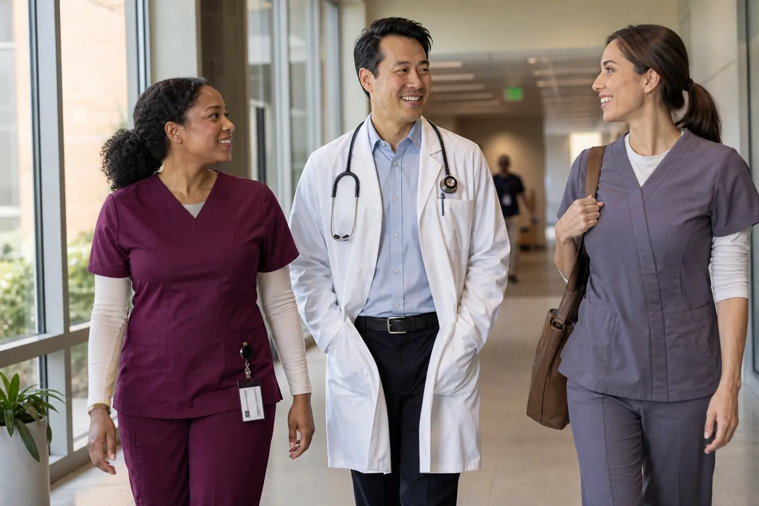 A confident healthcare team of nurses and a physician walking through a bright modern hospital corridor