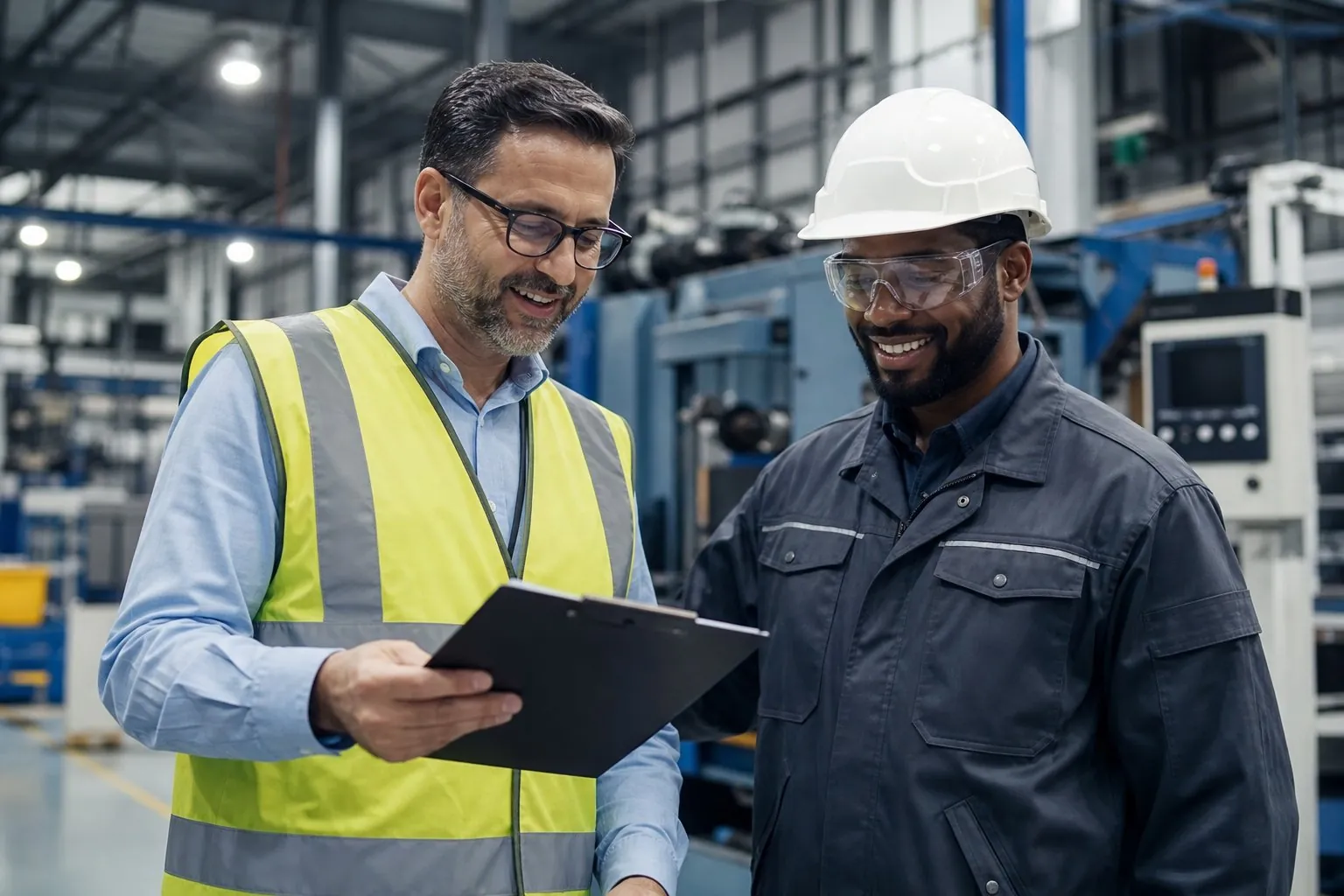 A safety compliance officer and a factory worker reviewing a safety checklist together