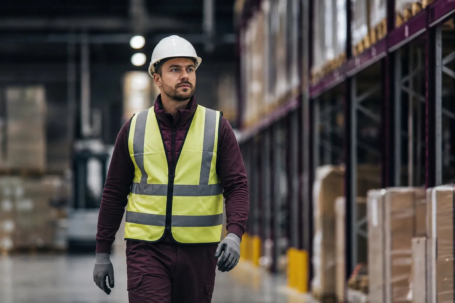 An industrial warehouse worker in a high-visibility safety vest walking through a modern distribution center