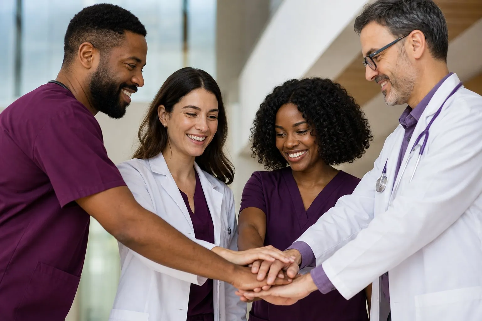 A diverse healthcare team stacking hands together in a supportive team huddle